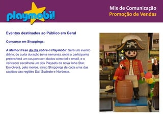 Mix de Comunicação
                                                             Promoção de Vendas


Eventos destinados ao Público em Geral

Concurso em Shoppings:

A Melhor frase do dia sobre o Playmobil. Será um evento
diário, de curta duração (uma semana), onde o participante
preencherá um coupon com dados como tel e email, e o
vencedor escolherá um dos Playsets da nova linha Star.
Envolverá, pelo menos, cinco Shoppings de cada uma das
capitais das regiões Sul, Sudeste e Nordeste.
 