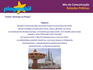 Mix de Comunicação
                                                                         Relações Públicas

Evento “Domingo no Parque”


                                           Objetivo
             Divulgar a linha pras lojas que serão nossos novos pontos de venda.
              Seriam enviados convites para donos, sócios, gerentes, em suma,
   os tomadores de decisão das lojas, convidando pra esse evento, com transfer para o local,
                         usando a marca Playmobil como chancela.
                 Um parque como o Terra Encantada seria a “cena do crime”,
             os stakeholders poderiam divertir-se, com pizza, pipoca e refrigerante.
                    Eventualmente, a apresentação do produto seria feita e
                            posteriormente, a proposta de parceria.
 