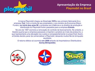 Apresentação da Empresa
                                                            Playmobil no Brasil


        A marca Playmobil chegou ao Brasil em 1976 e seu primeiro fabricante foi a
  empresa Trol. Com a morte de seu proprietário, o ex-ministro da Economia Dílson
 Funaro, no início dos anos 90, a empresa vai à falência e os direitos de produção e
          distribuição do Playmobil foram passados para a empresa Estrela.
    No ano de 1997 ocorreria a renovação do contrato de licenciamento. No entanto, a
Geobra queria que a empresa passasse a importar o produto ao invés de produzi-lo, o
que representaria uma elevação nos custos e conseqüentemente no preço final. Assim,
a Estrela decidiu parar de comercializar o Playmobil, deixando muitos fãs do brinquedo
                                       saudosos.
       O retorno efetivo só ocorreria em 2008 através da Importadora e Distribuidora
                                  Sunny Brinquedos.
 