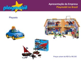 Apresentação da Empresa
                 Playmobil no Brasil


Playsets




               Preços variam de R$15 a R$ 350
 