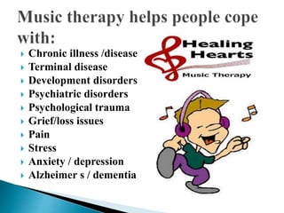  Chronic illness /disease
 Terminal disease
 Development disorders
 Psychiatric disorders
 Psychological trauma
 Grief/loss issues
 Pain
 Stress
 Anxiety / depression
 Alzheimer s / dementia
 