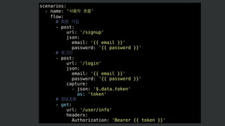 scenarios:
- name: ‘사용자 흐름'
flow:
# 회원 가입
- post:
url: '/signup'
json:
email: '{{ email }}'
password: '{{ password }}'
# 로그인
- post:
url: '/login'
json:
email: '{{ email }}'
password: '{{ password }}'
capture:
- json: '$.data.token'
as: 'token'
# 정보조회
- get:
url: '/user/info'
headers:
Authorization: 'Bearer {{ token }}'
 