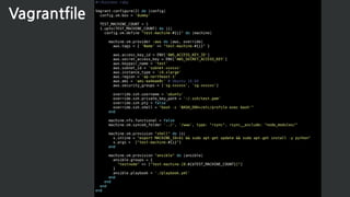 #!/bin/env ruby
Vagrant.configure(2) do |config|
config.vm.box = 'dummy'
TEST_MACHINE_COUNT = 1
1.upto(TEST_MACHINE_COUNT) do |i|
config.vm.define "test-machine-#{i}" do |machine|
machine.vm.provider :aws do |aws, override|
aws.tags = { 'Name' => "test-machine-#{i}" }
aws.access_key_id = ENV['AWS_ACCESS_KEY_ID']
aws.secret_access_key = ENV['AWS_SECRET_ACCESS_KEY']
aws.keypair_name = 'test'
aws.subnet_id = 'subnet-xxxxxx'
aws.instance_type = 'c4.xlarge'
aws.region = 'ap-northeast-1'
aws.ami = 'ami-ea4eae8c' # Ubuntu 16.04
aws.security_groups = ['sg-xxxxxx', 'sg-xxxxxx']
override.ssh.username = 'ubuntu'
override.ssh.private_key_path = '~/.ssh/test.pem'
override.ssh.pty = false
override.ssh.shell = "bash -c 'BASH_ENV=/etc/profile exec bash'"
end
machine.nfs.functional = false
machine.vm.synced_folder '../', '/www', type: "rsync", rsync__exclude: "node_modules/"
machine.vm.provision "shell" do |s|
s.inline = "export MACHINE_ID=$1 && sudo apt-get update && sudo apt-get install -y python"
s.args = ["test-machine-#{i}"]
end
machine.vm.provision "ansible" do |ansible|
ansible.groups = {
"testnode" => ["test-machine-[0:#{$TEST_MACHINE_COUNT}]"]
}
ansible.playbook = './playbook.yml'
end
end
end
end
Vagrantfile
 