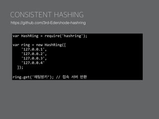 CONSISTENT HASHING
https://github.com/3rd-Eden/node-hashring
var	HashRing	=	require('hashring');	
var	ring	=	new	HashRing([	
				'127.0.0.1',	
				'127.0.0.2',	
				'127.0.0.3',		
				'127.0.0.4'	
		]);	
ring.get('채팅방키’);	//	접속	서버	반환	
 