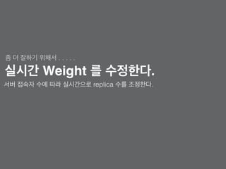 실시간 Weight 를 수정한다.
서버 접속자 수에 따라 실시간으로 replica 수를 조정한다.
좀 더 잘하기 위해서 . . . . .
 