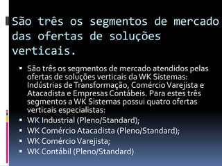 São três os segmentos de mercado
das ofertas de soluções
verticais.
 São três os segmentos de mercado atendidos pelas
ofertas de soluções verticais daWK Sistemas:
Indústrias deTransformação, ComércioVarejista e
Atacadista e Empresas Contábeis. Para estes três
segmentos aWK Sistemas possui quatro ofertas
verticais especialistas:
 WK Industrial (Pleno/Standard);
 WK Comércio Atacadista (Pleno/Standard);
 WK ComércioVarejista;
 WK Contábil (Pleno/Standard)
 