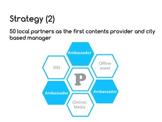 Strategy (2)
50 local partners as the first contents provider and city
based manager

 
