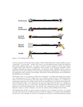Figure 2: The Sliding Scales of Play
as all toy products can fall into that category. These classiﬁcations also contain modiﬁers such as
“social play” or “active play.” “Social” and “active” are not explicitly types of play, but adjectives
that describe diﬀerent play types. To clarify, it would be hard to engage in “social” play without
it being of some other nature (e.g. imaginative, body, creative; to use the given categories). These
modiﬁers, although not primary classiﬁcations, are still quite useful. Modiﬁers can be viewed as
scales that can be used to describe all types of play independent of classiﬁcation. The following are
ﬁve applicable scales to describe toys and play: Involvement, Social Involvement, Level of Restraint,
Mental/Physical, and Gender.
Involvement refers to the amount of eﬀort the participant is exerting and ranges from passive
(e.g. watching soccer on TV) to highly active (e.g. playing a game of soccer). Social Involvement
refers to the level of interaction with other players and ranges from solitary (e.g. Solitaire) to
cooperative/competitive (e.g. Poker) based on the six classiﬁcations of social pre-school play [10].
Level of Restraint refers to the importance of rules and ranges from free play (e.g. splashing in
water) to strict rule play (e.g. water polo). The Mental to Physical scale has a midpoint of equal
amounts of mental and physical play. The Gender scale ranges from male to neuter to female.
These ﬁve scales, as shown in Figure 2, are what the authors call the Sliding Scales of Play.
The Sliding Scales of Play can also be used as an ideation tool. A designer can plot a toy concept
onto the scales and then, by sliding the Scales of Play, the designer can imagine other possibilities
for their toy. As an example, let us look at a standard set of Lego toy construction blocks and plot
4

 