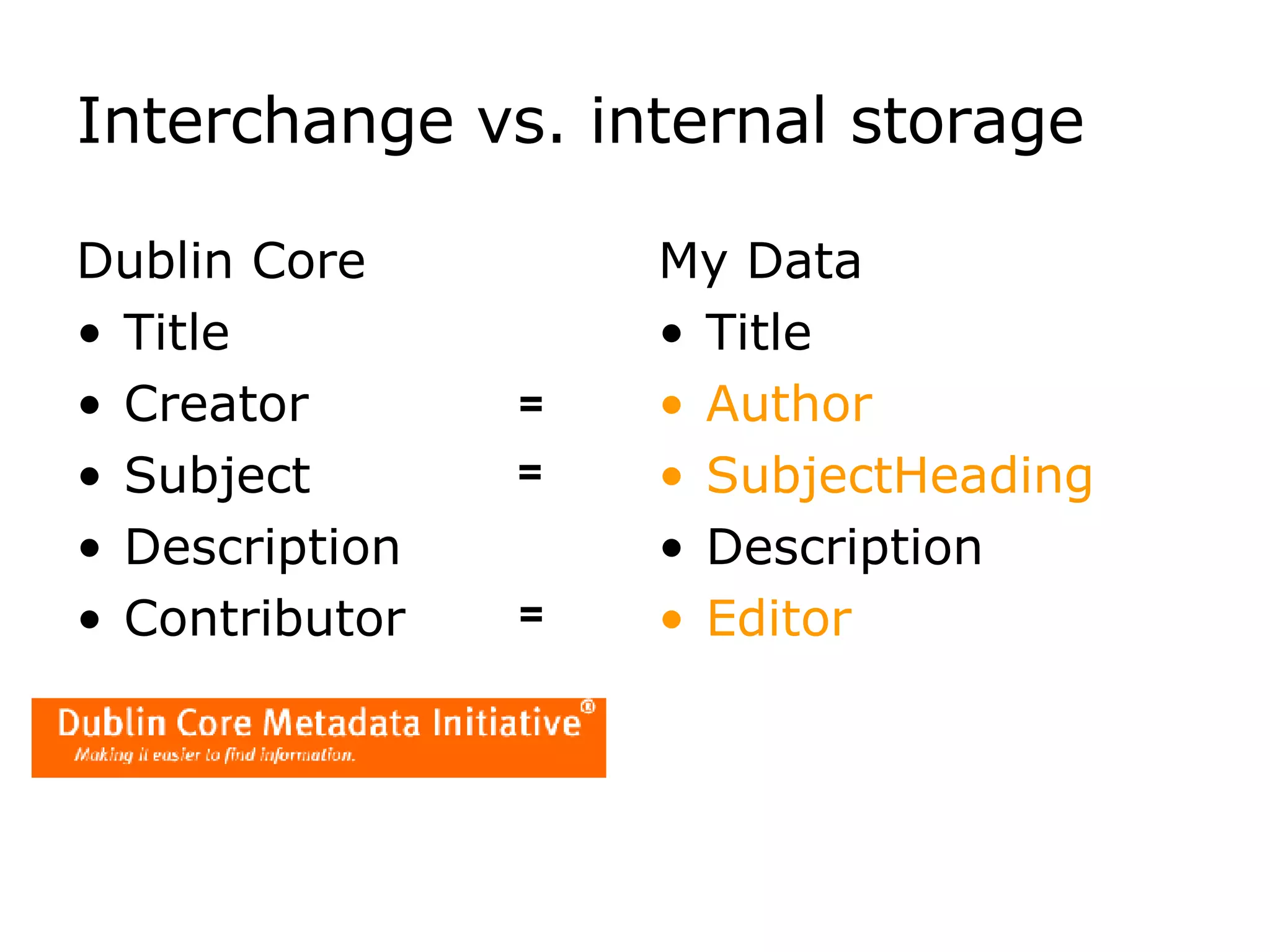 Interchange vs. internal storage Dublin Core Title Creator Subject Description Contributor My Data Title Author SubjectHeading Description Editor = = = 