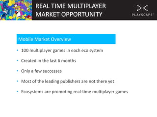 REAL TIME MULTIPLAYER
MARKET OPPORTUNITY

Mobile Market Overview
• 100 multiplayer games in each eco system
• Created in the last 6 months
• Only a few successes

• Most of the leading publishers are not there yet
• Ecosystems are promoting real-time multiplayer games

 