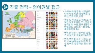 진출 전략 – 언어권별 접근
• 스토어와 랭킹은 나라별로
나눠져 있지만, 유럽에는 겹
치는 언어권이 있다
• 독일 탑 다운로드 랭킹 보다
같은 독일어권인 오스트리아
는 8분의1 수준 필요. (영국 –
아일랜드, 프랑스 – 벨기에,
룩셈부르크 등)
• 언어권 작은 나라부터 공략,
큰 시장으로 이동 (도장깨기)
• 여러 언어를 쓰는 나라도 고
려 – targeting을 나라가 아
닌 언어로 설정하는 것도 방
법
 