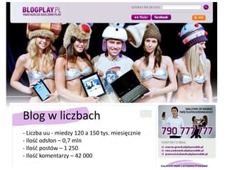 Blog w liczbach- Liczba uu - miedzy 120 a 150 tys. miesięcznie- Ilość odsłon – 0,7 mln- Ilość postów – 1 250 - Ilość komentarzy – 42 000