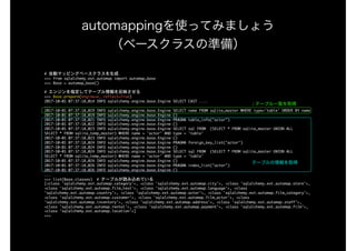 #	自動マッピングベースクラスを生成

>>>	from	sqlalchemy.ext.automap	import	automap_base

>>>	Base	=	automap_base()

#	エンジンを指定してテーブル情報を反映させる

>>>	Base.prepare(engine=e,	reflect=True)

2017-10-01	07:37:18,014	INFO	sqlalchemy.engine.base.Engine	SELECT	CAST	....

...

2017-10-01	07:37:18,019	INFO	sqlalchemy.engine.base.Engine	SELECT	name	FROM	sqlite_master	WHERE	type='table'	ORDER	BY	name

2017-10-01	07:37:18,019	INFO	sqlalchemy.engine.base.Engine	()

2017-10-01	07:37:18,021	INFO	sqlalchemy.engine.base.Engine	PRAGMA	table_info("actor")

2017-10-01	07:37:18,022	INFO	sqlalchemy.engine.base.Engine	()

2017-10-01	07:37:18,023	INFO	sqlalchemy.engine.base.Engine	SELECT	sql	FROM		(SELECT	*	FROM	sqlite_master	UNION	ALL			
SELECT	*	FROM	sqlite_temp_master)	WHERE	name	=	'actor'	AND	type	=	'table'

2017-10-01	07:37:18,023	INFO	sqlalchemy.engine.base.Engine	()

2017-10-01	07:37:18,024	INFO	sqlalchemy.engine.base.Engine	PRAGMA	foreign_key_list("actor")

2017-10-01	07:37:18,024	INFO	sqlalchemy.engine.base.Engine	()

2017-10-01	07:37:18,024	INFO	sqlalchemy.engine.base.Engine	SELECT	sql	FROM		(SELECT	*	FROM	sqlite_master	UNION	ALL			
SELECT	*	FROM	sqlite_temp_master)	WHERE	name	=	'actor'	AND	type	=	'table'

2017-10-01	07:37:18,024	INFO	sqlalchemy.engine.base.Engine	()

2017-10-01	07:37:18,026	INFO	sqlalchemy.engine.base.Engine	PRAGMA	index_list("actor")

2017-10-01	07:37:18,026	INFO	sqlalchemy.engine.base.Engine	()

...

>>>	list(Base.classes)		#	テーブルが読み込めている

[<class	'sqlalchemy.ext.automap.category'>,	<class	'sqlalchemy.ext.automap.city'>,	<class	'sqlalchemy.ext.automap.store'>,	
<class	'sqlalchemy.ext.automap.film_text'>,	<class	'sqlalchemy.ext.automap.language'>,	<class	
'sqlalchemy.ext.automap.country'>,	<class	'sqlalchemy.ext.automap.actor'>,	<class	'sqlalchemy.ext.automap.film_category'>,	
<class	'sqlalchemy.ext.automap.customer'>,	<class	'sqlalchemy.ext.automap.film_actor'>,	<class	
'sqlalchemy.ext.automap.inventory'>,	<class	'sqlalchemy.ext.automap.address'>,	<class	'sqlalchemy.ext.automap.staff'>,	
<class	'sqlalchemy.ext.automap.rental'>,	<class	'sqlalchemy.ext.automap.payment'>,	<class	'sqlalchemy.ext.automap.film'>,	
<class	'sqlalchemy.ext.automap.location'>]

>>>
automappingを使ってみましょう 
（ベースクラスの準備）
↓テーブル一覧を取得
テーブルの情報を取得
 