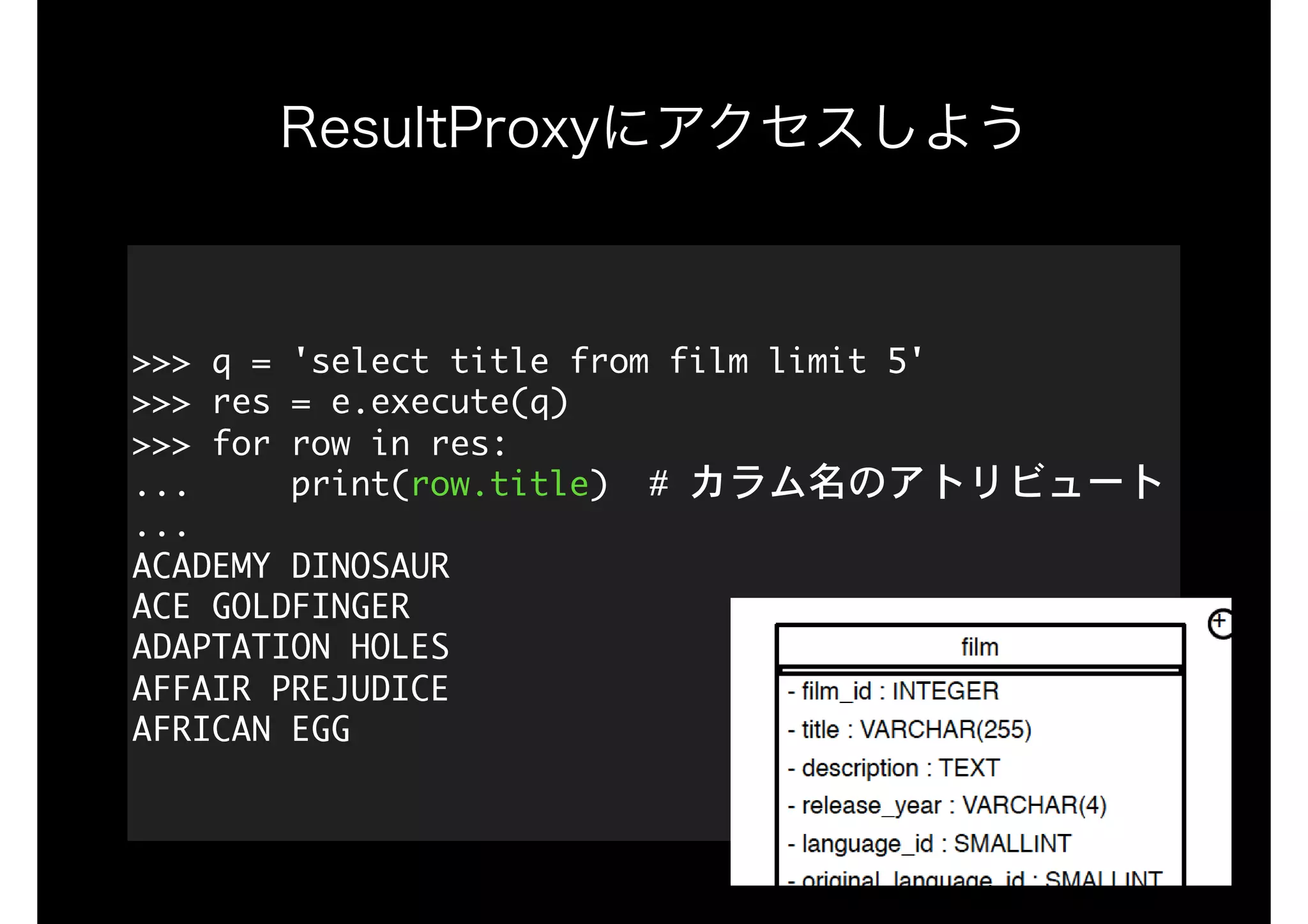 ResultProxyにアクセスしよう
>>>	q	=	'select	title	from	film	limit	5'

>>>	res	=	e.execute(q) 
>>>	for	row	in	res:

...					print(row.title)		#	カラム名のアトリビュート

... 
ACADEMY	DINOSAUR

ACE	GOLDFINGER

ADAPTATION	HOLES

AFFAIR	PREJUDICE

AFRICAN	EGG
 