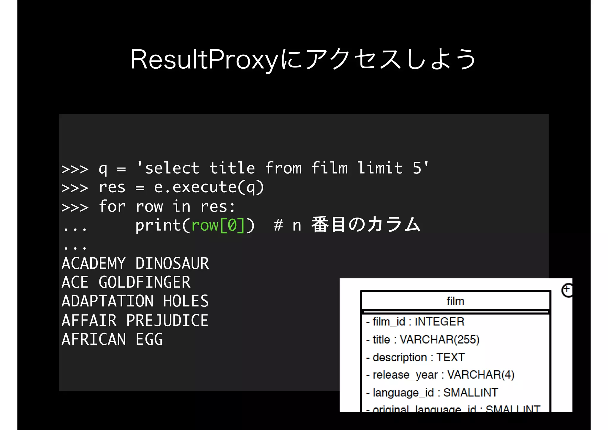 ResultProxyにアクセスしよう
>>>	q	=	'select	title	from	film	limit	5'

>>>	res	=	e.execute(q) 
>>>	for	row	in	res:

...					print(row[0])		#	n	番目のカラム

... 
ACADEMY	DINOSAUR

ACE	GOLDFINGER

ADAPTATION	HOLES

AFFAIR	PREJUDICE

AFRICAN	EGG
 