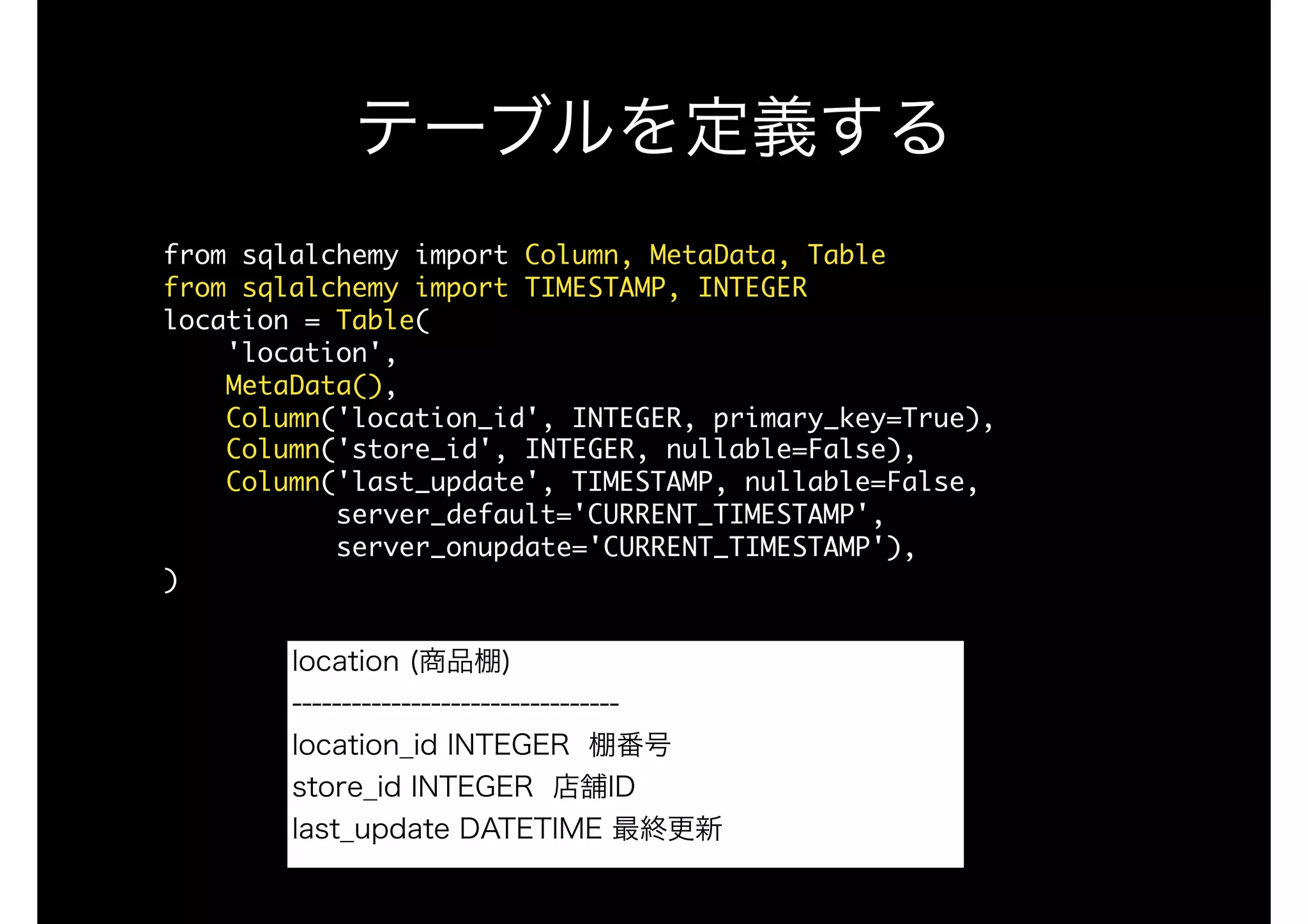 from	sqlalchemy	import	Column,	MetaData,	Table

from	sqlalchemy	import	TIMESTAMP,	INTEGER

location	=	Table(

				'location',

				MetaData(),

				Column('location_id',	INTEGER,	primary_key=True),

				Column('store_id',	INTEGER,	nullable=False),

				Column('last_update',	TIMESTAMP,	nullable=False,

											server_default='CURRENT_TIMESTAMP',

											server_onupdate='CURRENT_TIMESTAMP'),

)
テーブルを定義する
location (商品棚)
---------------------------------
location_id INTEGER 棚番号
store_id INTEGER 店舗ID
last_update DATETIME 最終更新
 