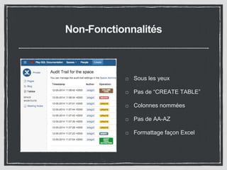 Non-Fonctionnalités 
Sous les yeux 
Pas de “CREATE TABLE” 
Colonnes nommées 
Pas de AA-AZ 
Formattage façon Excel 
 
