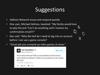 Suggestions
• Address Network Issues and respond quickly
• One user, Michael Holmes, tweeted: "My family would love
to play the ps4."Can't do anything until I receive my
confirmation email!!!“
• Nav said: "Why the hell do I need to log into an account
before I can use a game console?
• "Great job you screwed up video games at xmas."
 