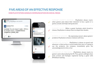 FIVE AREAS OF AN EFFECTIVE RESPONSE
HOW PLAYSTATION HANDLES COMMUNICATION ON SOCIAL MEDIA
✓
EXPRESS A CONCERN - By expressing concern about gamers’
problems PlayStation enhance relations with fans.
✓
APPRECIATE LOYALTY - PlayStation is always on guard and
whenever a client writes in social media that uses or is going to
use the products, the company immediately gives the
acknowledgement to him or her.
✓
ACOMPANY AT THE GAME - PlayStation always reacts to
gamers’ posts about playing the PS. Thus, gamers willingly share
print screens and footages registered during a game with
#PS4Share hashtag.
✓
SUPPORT CLIENT’S DECISION - PlayStation always reacts
when gamers post about their intension to buy a game or a
games console and helps taking decision.
✓
SUPPORT SALES - When a gamer hesitates which brand to
choose, PlayStation is always there to dispel their doubts.
 