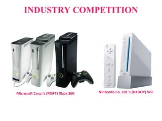INDUSTRY COMPETITION
Microsoft Corp.'s (MSFT) Xbox 360 Nintendo Co. Ltd.'s (NTDOY) Wii
 