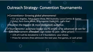 Outreach Strategy- Convention Tournaments
➢Conventions= Growing global phenomena!
• E3- Los Angeles, Tokyo Game Show, PAX ...