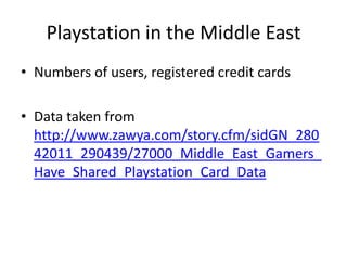 Playstation in the Middle East Numbers of users, registered credit cards Data taken from http://www.zawya.com/story.cfm/sidGN_28042011_290439/27000_Middle_East_Gamers_Have_Shared_Playstation_Card_Data 