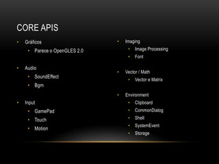 CORE APIS
•   Gráficos                   •   Imaging
     • Parece o OpenGLES 2.0        •   Image Processing
                                    •   Font

•   Audio
                               •   Vector / Math
     • SoundEffect
                                    •   Vector e Matrix
     • Bgm
                               •   Environment
•   Input                           •   Clipboard
     • GamePad                      •   CommonDialog
     • Touch                        •   Shell
                                    •   SystemEvent
     • Motion
                                    •   Storage
 
