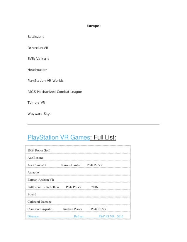 Playstation vr games list pdf