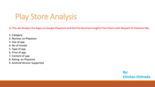 Play Store Analysis
By:
Chintan Chitroda
In This we Analyze the Apps on Google Playstore and Get the Business insights from them with Respect to Features like:
1. Category
2. Reviews on Playstore
3. Size of app
4. No of Installs
5. Type of app
6. Price of app
7. Content of app
8. Rating on Playstore
9. Android Version Supported
 