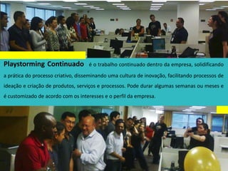 Playstorming Continuado é o trabalho continuado dentro da empresa, solidificando
a prática do processo criativo, disseminando uma cultura de inovação, facilitando processos de
ideação e criação de produtos, serviços e processos. Pode durar algumas semanas ou meses e
é customizado de acordo com os interesses e o perfil da empresa.
 