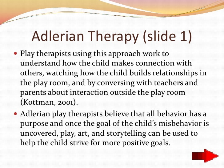 essay on adlerian therapy The dissertation explores the efficiency of adlerian play therapy in curbing disruptive behavior in children play therapy is a developmental responsive therapy for mentally ill children aged between 3 and 10. essay on adlerian therapy The dissertation explores the efficiency of adlerian play therapy in curbing disruptive behavior in children play therapy is a developmental responsive therapy for mentally ill children aged between 3 and 10.