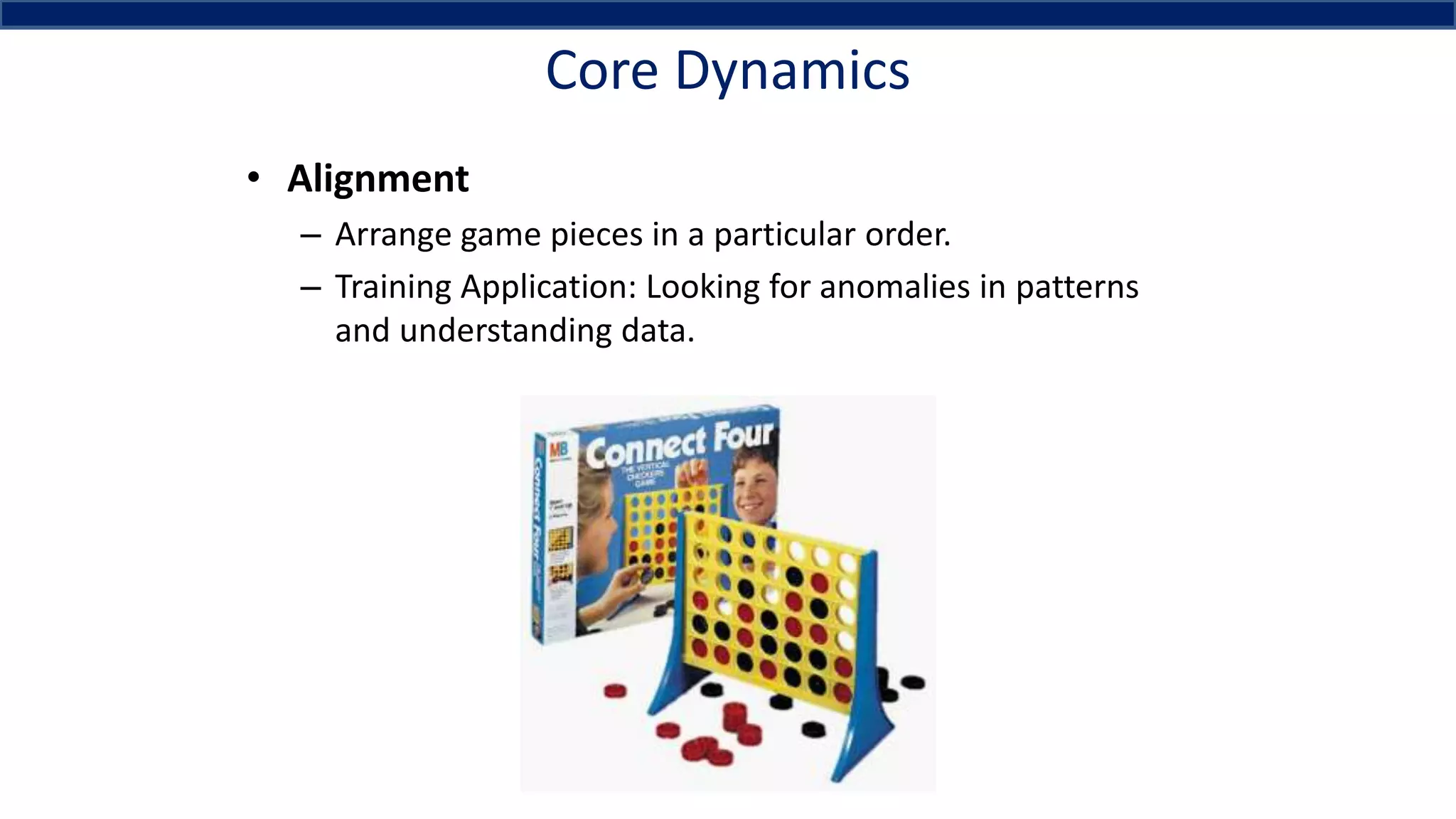 Core Dynamics
• Alignment
– Arrange game pieces in a particular order.
– Training Application: Looking for anomalies in patterns
and understanding data.
 