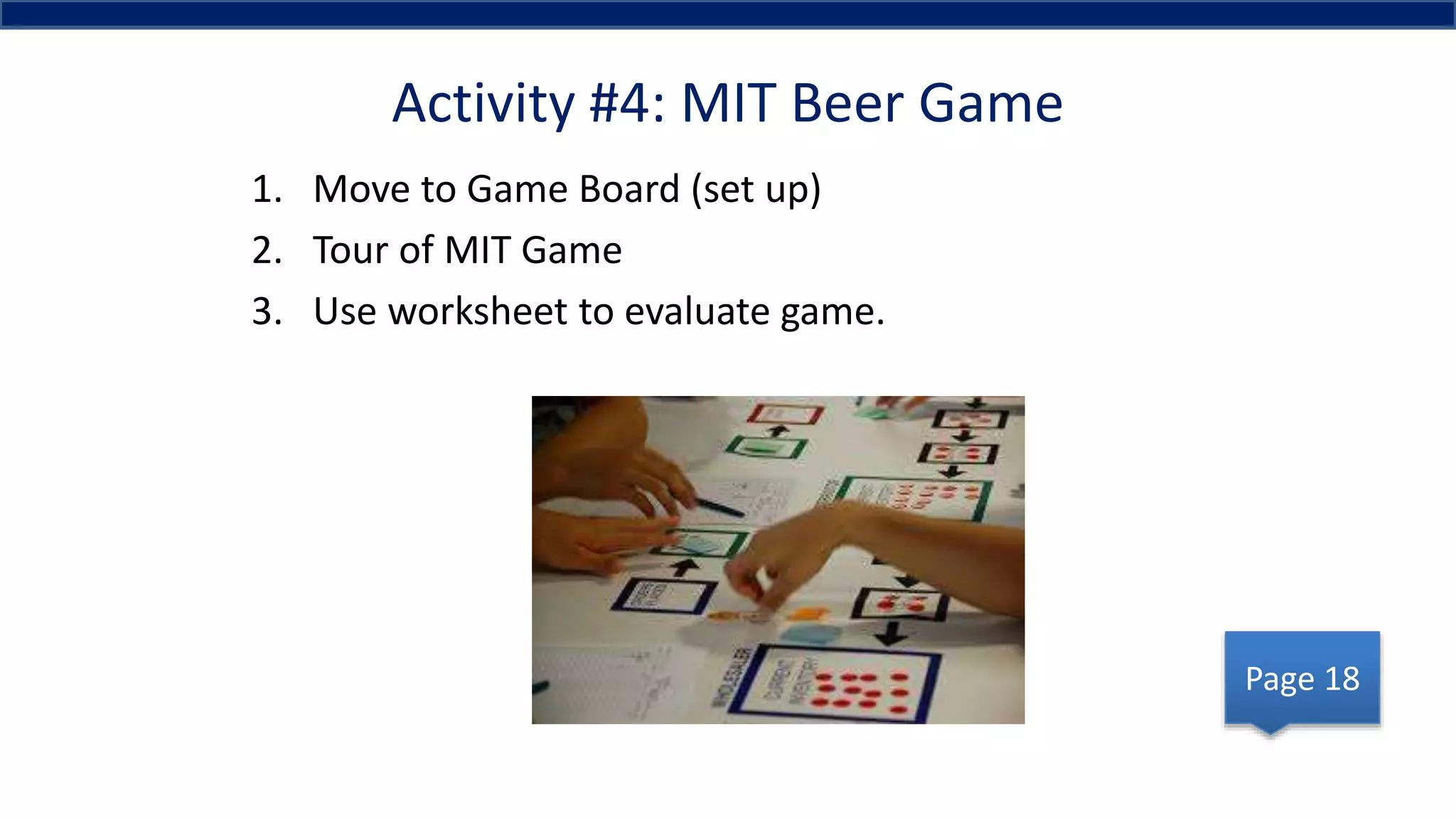 Activity #4: MIT Beer Game
1. Move to Game Board (set up)
2. Tour of MIT Game
3. Use worksheet to evaluate game.
Page 18
 