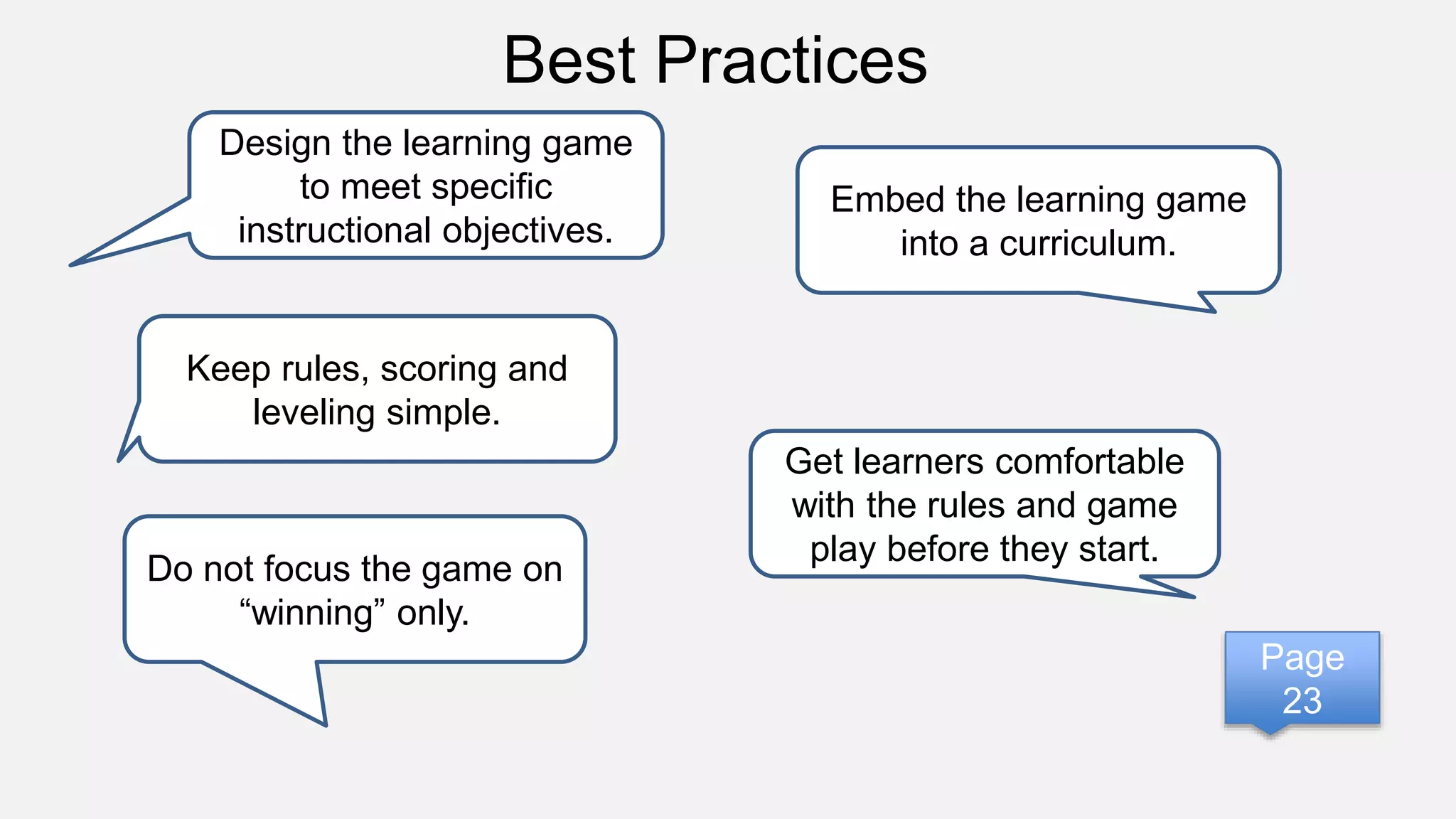 Best Practices
Design the learning game
to meet specific
instructional objectives.
Embed the learning game
into a curriculum.
Keep rules, scoring and
leveling simple.
Get learners comfortable
with the rules and game
play before they start.
Do not focus the game on
“winning” only.
Page
23
 