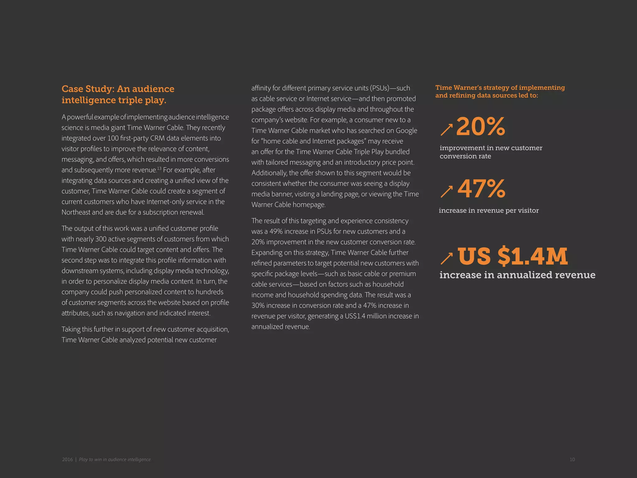 Case Study: An audience
intelligence triple play.
Apowerfulexampleofimplementingaudienceintelligence
science is media giant Time Warner Cable. They recently
integrated over 100 first-party CRM data elements into
visitor profiles to improve the relevance of content,
messaging, and offers, which resulted in more conversions
and subsequently more revenue.13
For example, after
integrating data sources and creating a unified view of the
customer, Time Warner Cable could create a segment of
current customers who have Internet-only service in the
Northeast and are due for a subscription renewal.
The output of this work was a unified customer profile
with nearly 300 active segments of customers from which
Time Warner Cable could target content and offers. The
second step was to integrate this profile information with
downstream systems, including display media technology,
in order to personalize display media content. In turn, the
company could push personalized content to hundreds
of customer segments across the website based on profile
attributes, such as navigation and indicated interest.
Taking this further in support of new customer acquisition,
Time Warner Cable analyzed potential new customer
affinity for different primary service units (PSUs)—such
as cable service or Internet service—and then promoted
package offers across display media and throughout the
company’s website. For example, a consumer new to a
Time Warner Cable market who has searched on Google
for “home cable and Internet packages” may receive
an offer for the Time Warner Cable Triple Play bundled
with tailored messaging and an introductory price point.
Additionally, the offer shown to this segment would be
consistent whether the consumer was seeing a display
media banner, visiting a landing page, or viewing the Time
Warner Cable homepage.
The result of this targeting and experience consistency
was a 49% increase in PSUs for new customers and a
20% improvement in the new customer conversion rate.
Expanding on this strategy, Time Warner Cable further
refined parameters to target potential new customers with
specific package levels—such as basic cable or premium
cable services—based on factors such as household
income and household spending data. The result was a
30% increase in conversion rate and a 47% increase in
revenue per visitor, generating a US$1.4 million increase in
annualized revenue.
Time Warner’s strategy of implementing
and refining data sources led to:
increase in revenue per visitor
improvement in new customer
conversion rate
20%
47%
US $1.4M
increase in annualized revenue
102016 | Play to win in audience intelligence.
 