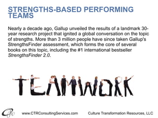 www.CTRConsultingServices.com Culture Transformation Resources, LLC
STRENGTHS-BASED PERFORMING
TEAMS
Nearly a decade ago, Gallup unveiled the results of a landmark 30-
year research project that ignited a global conversation on the topic
of strengths. More than 3 million people have since taken Gallup's
StrengthsFinder assessment, which forms the core of several
books on this topic, including the #1 international bestseller
StrengthsFinder 2.0.
 