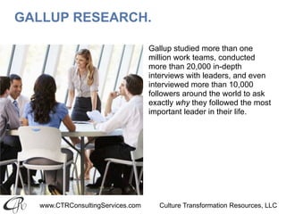 www.CTRConsultingServices.com Culture Transformation Resources, LLC
GALLUP RESEARCH.
Gallup studied more than one
million work teams, conducted
more than 20,000 in-depth
interviews with leaders, and even
interviewed more than 10,000
followers around the world to ask
exactly why they followed the most
important leader in their life.
 