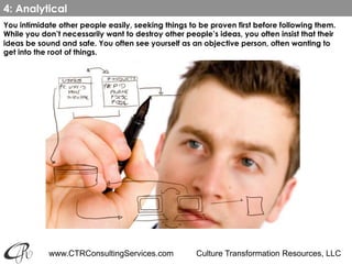 www.CTRConsultingServices.com Culture Transformation Resources, LLC
You intimidate other people easily, seeking things to be proven first before following them.
While you don’t necessarily want to destroy other people’s ideas, you often insist that their
ideas be sound and safe. You often see yourself as an objective person, often wanting to
get into the root of things.
4: Analytical
 