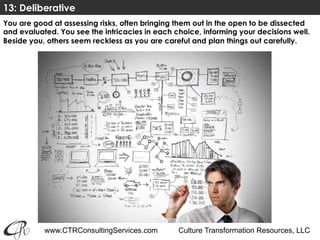 www.CTRConsultingServices.com Culture Transformation Resources, LLC
You are good at assessing risks, often bringing them out in the open to be dissected
and evaluated. You see the intricacies in each choice, informing your decisions well.
Beside you, others seem reckless as you are careful and plan things out carefully. 
13: Deliberative
 