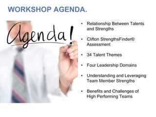 WORKSHOP AGENDA.
•  Relationship Between Talents
and Strengths
•  Clifton StrengthsFinder®
Assessment
•  34 Talent Themes
•  Four Leadership Domains
•  Understanding and Leveraging
Team Member Strengths
•  Benefits and Challenges of
High Performing Teams
 
