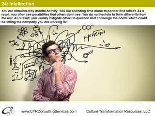 www.CTRConsultingServices.com Culture Transformation Resources, LLC
You are stimulated by mental activity. You like spending time alone to ponder and reflect. As a
result, you often see possibilities that others don’t see. You do not hesitate to think differently from
the rest. As a result, you usually instigate others to question and challenge the norms which could
be stifling the company you are working for. 
24: Intellection
 