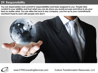 www.CTRConsultingServices.com Culture Transformation Resources, LLC
You are dependable and commit to responsibilities and tasks assigned to you. People take
comfort in your abilities and trust what you can do since you avoid excuses and strive to do your
best no matter what. You are often the rock in any company, you live up to your commitments
and find it hard to work with people who don’t. 
29: Responsibility
 