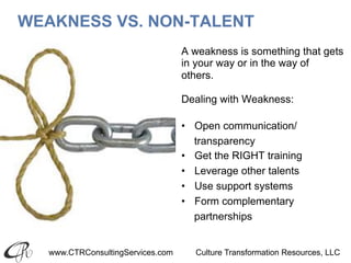 www.CTRConsultingServices.com Culture Transformation Resources, LLC
WEAKNESS VS. NON-TALENT
A weakness is something that gets
in your way or in the way of
others.
Dealing with Weakness:
•  Open communication/
transparency
•  Get the RIGHT training
•  Leverage other talents
•  Use support systems
•  Form complementary
partnerships
 