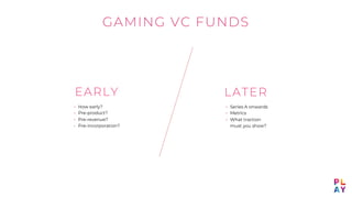 GAMING VC FUNDS
EARLY LATER
▸ How early?
▸ Pre-product?
▸ Pre-revenue?
▸ Pre-incorporation?
▸ Series A onwards
▸ Metrics
▸...