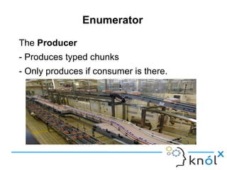 Enumerator
The Producer
- Produces typed chunks
- Only produces if consumer is there.