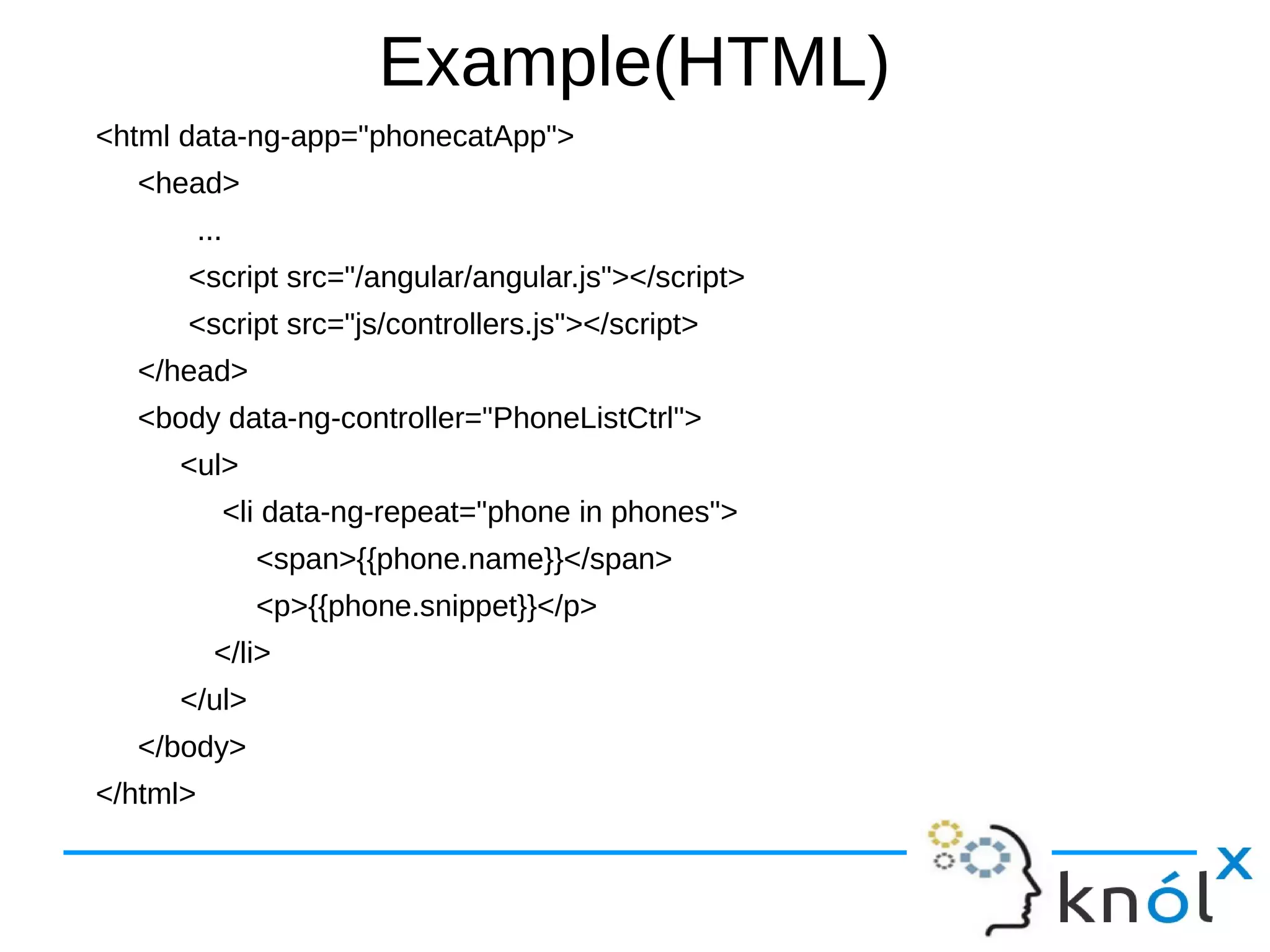 Example(HTML)
<html data-ng-app="phonecatApp">
<head>
...
<script src="/angular/angular.js"></script>
<script src="js/controllers.js"></script>
</head>
<body data-ng-controller="PhoneListCtrl">
<ul>
<li data-ng-repeat="phone in phones">
<span>{{phone.name}}</span>
<p>{{phone.snippet}}</p>
</li>
</ul>
</body>
</html>
 
