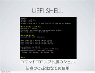 UEFI SHELL




              コマンドプロンプト風のシェル
               任意のOS起動などに使用
13年2月16日土曜日
 