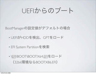 UEFIからのブート

     BootManagerの設定値がデフォルトの場合

        • UEFIがHDDを検出、GPTをロード


        • EFI   System Partitionを検索

        • EFIBOOTBOOTX64.EFIをロード

              （32bit環境ならBOOTX86.EFI）

13年2月16日土曜日
 