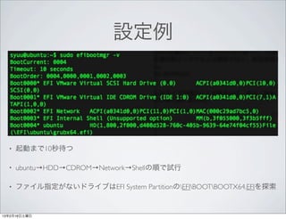 設定例




  •   起動まで10秒待つ

  •   ubuntu→HDD→CDROM→Network→Shellの順で試行

  •   ファイル指定がないドライブはEFI System PartitionのEFIBOOTBOOTX64.EFIを探索


13年2月16日土曜日
 