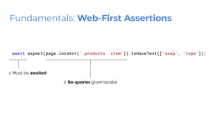 await expect(page.locator('.products .item')).toHaveText(['soap', 'rope']);
1. Must be awaited
2. Re-queries given locator
Fundamentals: Web-First Assertions
 